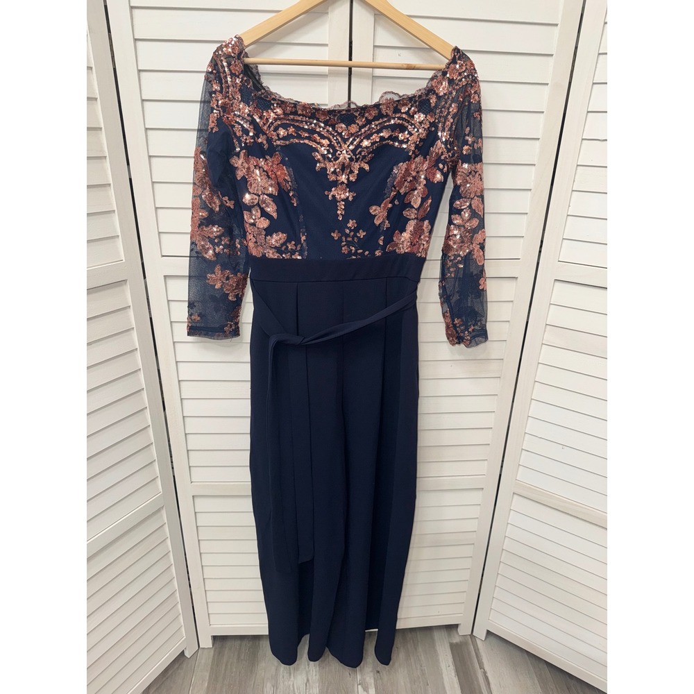 JJ's House Jumpsuit Women Navy Rose Gold Sequin Floral Wide Leg M NEW